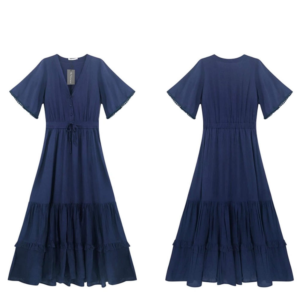 V Neck Navy Bohemian Button Dress